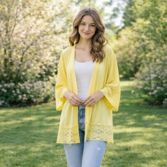 cleo Sweaters - Cleo Yellow Lace Trim Kimono Cardigan XXL Boho Lightweight Duster Spring Resort